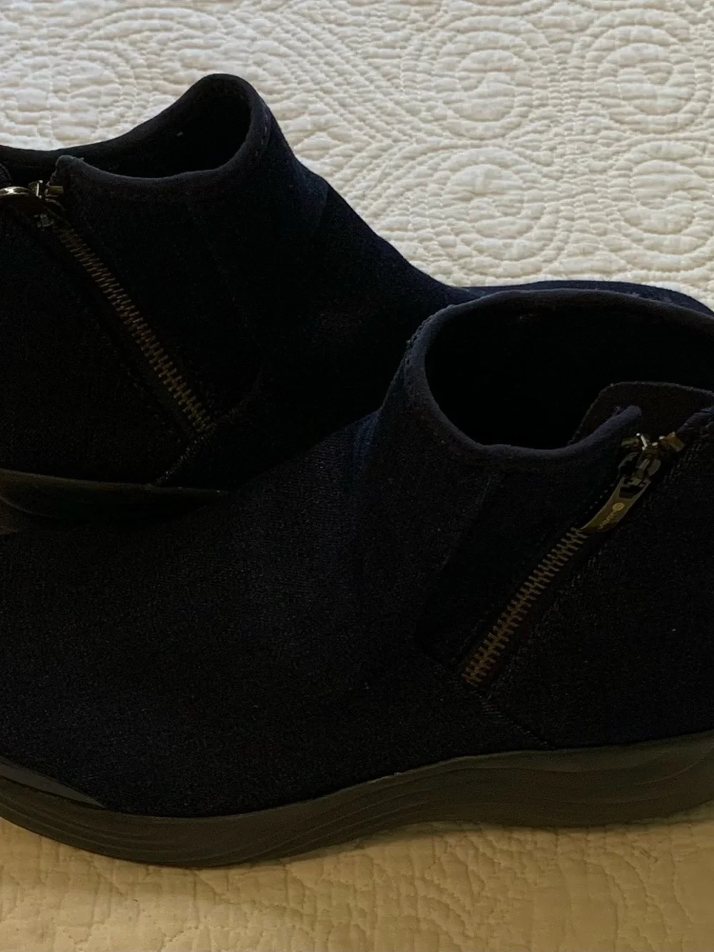 Bzees Zora Wedge Boots in Navy Denim with Rounded Toe Box Mud Guard